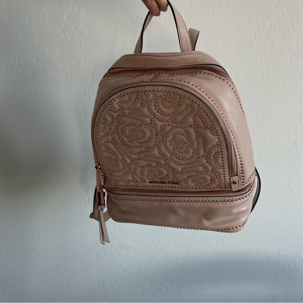 Michael Kors Beige Pink with Rose Gold Metal Rosette Studded Leather Backpack - Picture 4 of 15